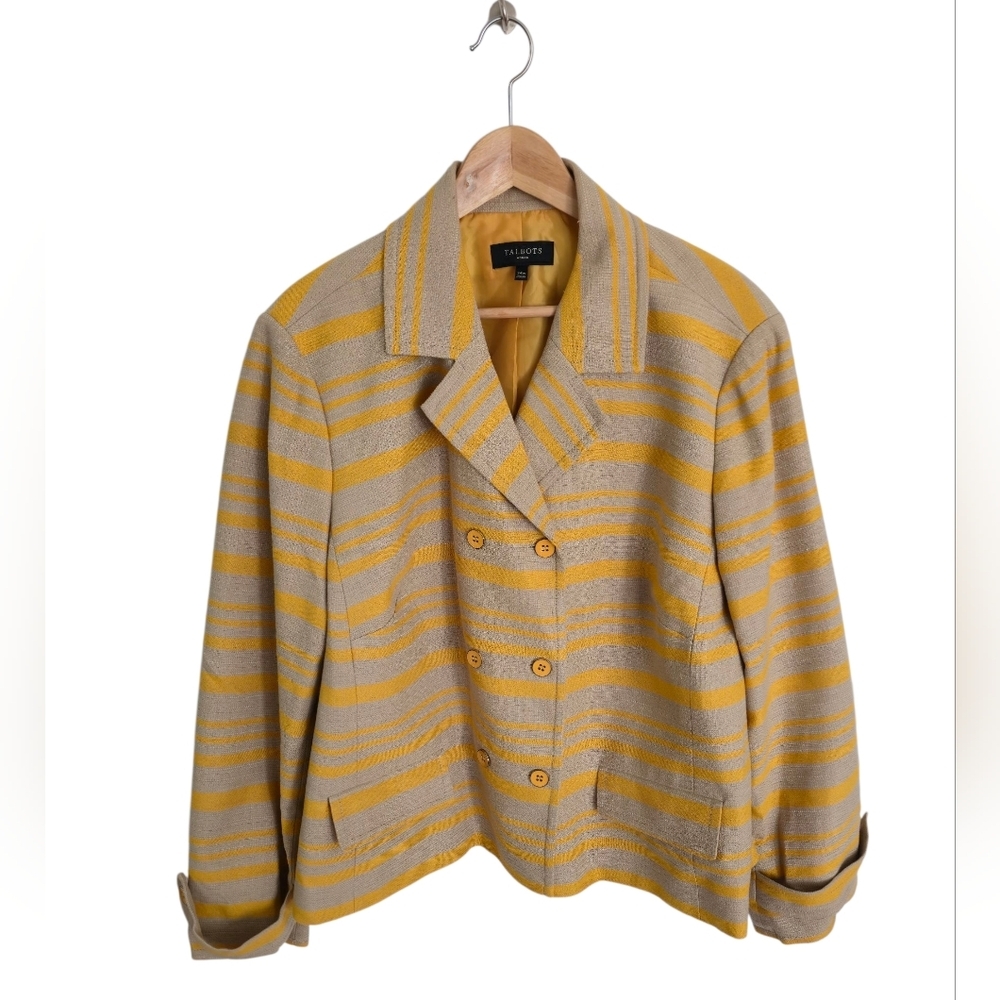 Talbots Woman Double Breasted Striped Linen Blend Blazer Mustard Gray Size 24W